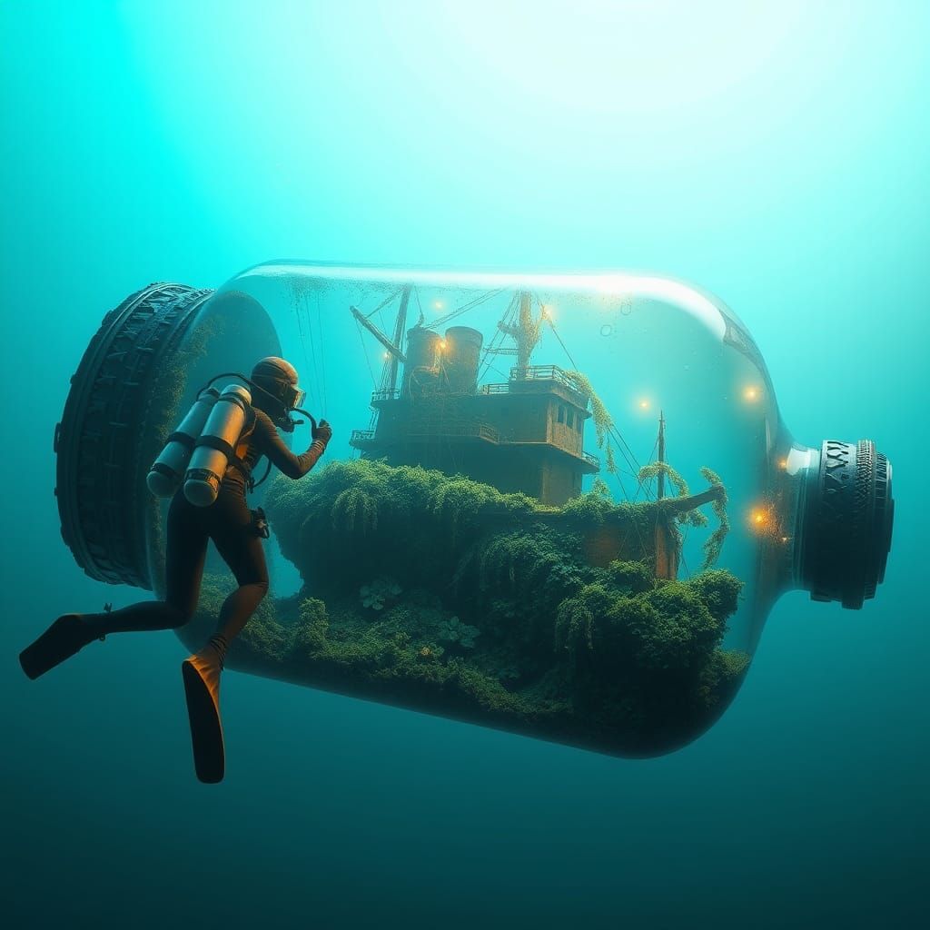 An image of a surreal scuba diver exploring a shipwreck in a bottle. The bottle is seen from the side, ...  by @amrellin