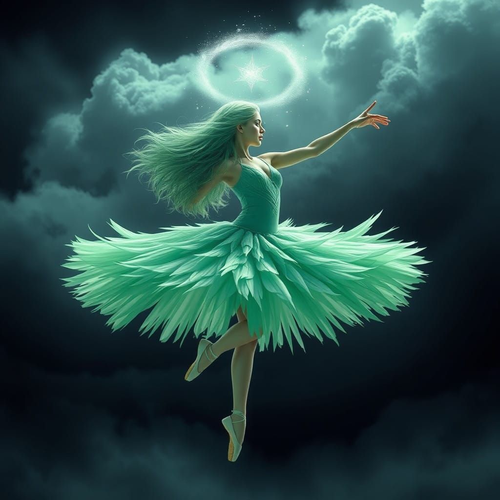 Ethereal Ballerina in Green Feather Tutu Floating on Stormy...