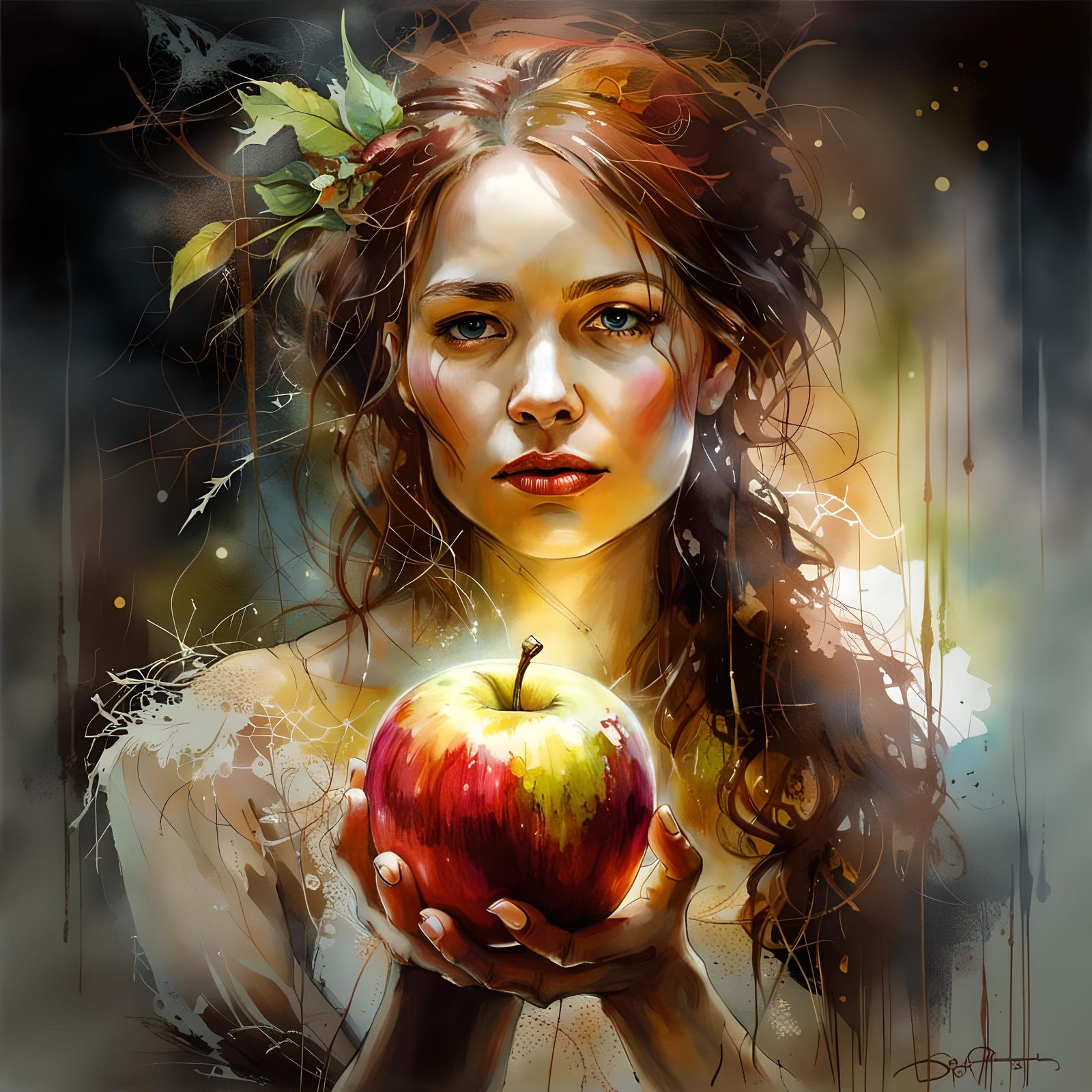 Charming Woman with Glowing Apple: Fantasy Art