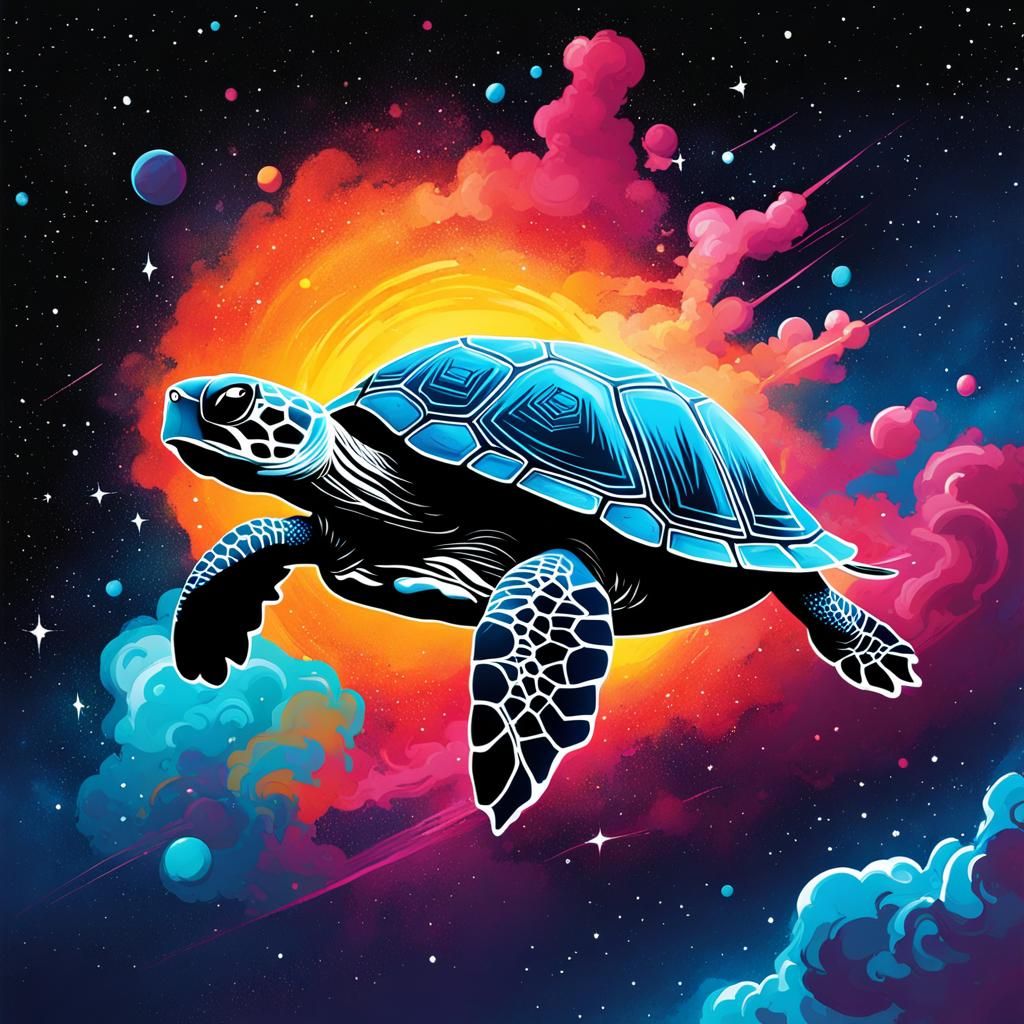 simple drawing of a turtle shaped nebula flying in space, si...