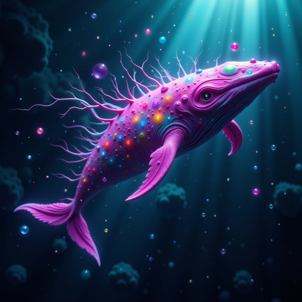Detailed matte painting. Medium shot. A pink creature, half whale half Venom, emerges from the depths of a dark ocean. Splash screen. Vibran...