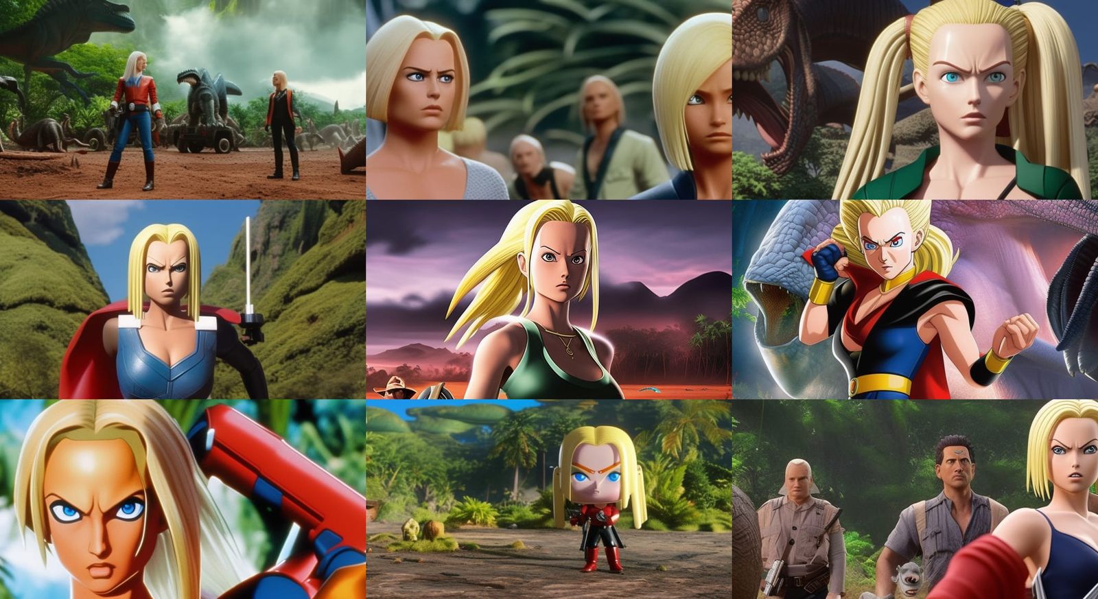 Android 18 in Jurassic Park. Photorealistic