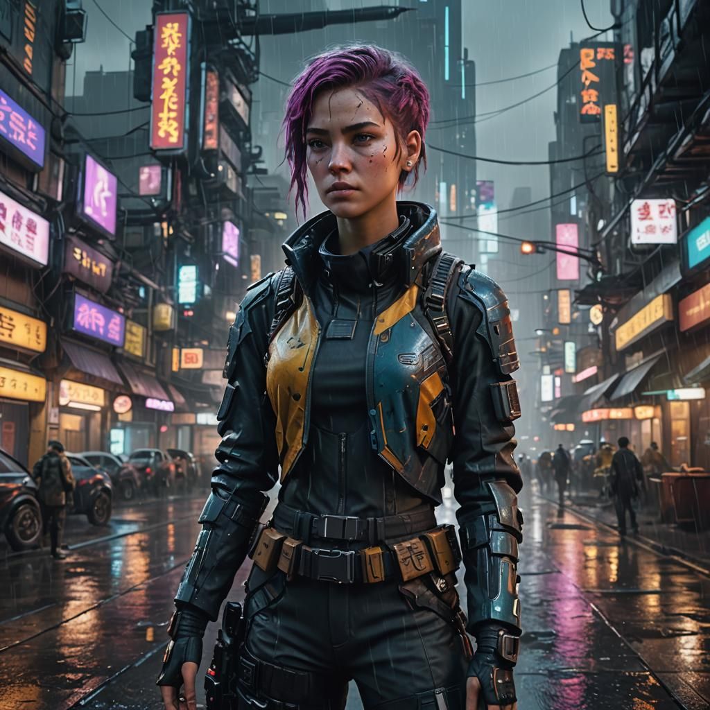 Medium shot of a female sci-fi protagonist in a cyberpunk ci...