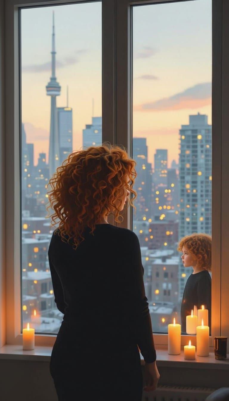 Woman with curly ginger-blonde hair,curvey body, in casual black, looking out a Toronto apartment window. The reflection shows Syria and her...