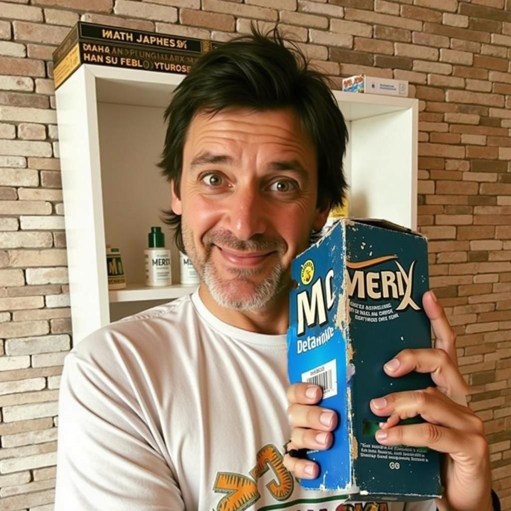 A man with long hair and a short beard is holding a laundry detergent box above his head. The box is blue and says "Merix" on it. He is wear...