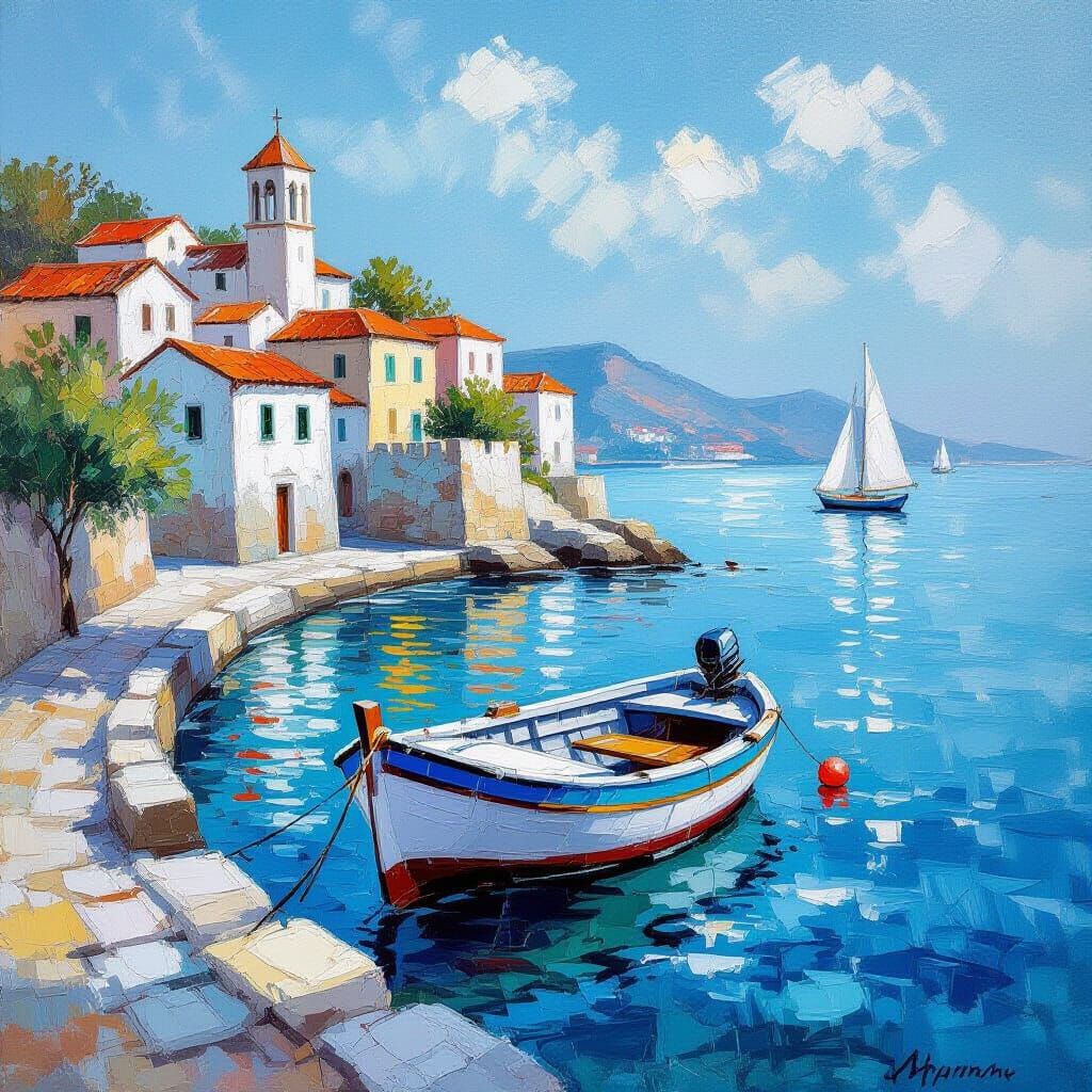 Serene Seascape with Small Boat in Oil Painting Style