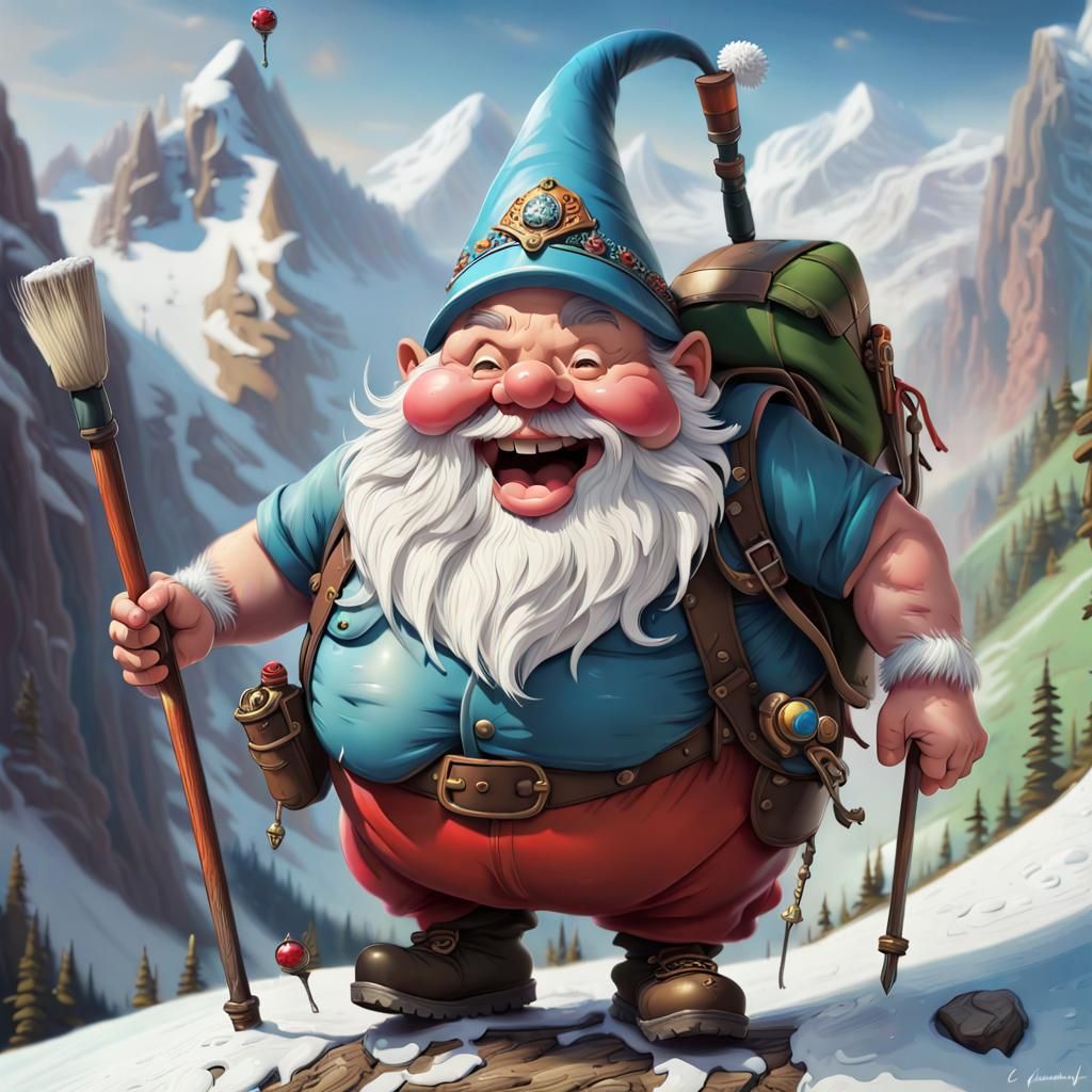 Happy Gnome Skiing: Hyperdetailed Fantasy Art