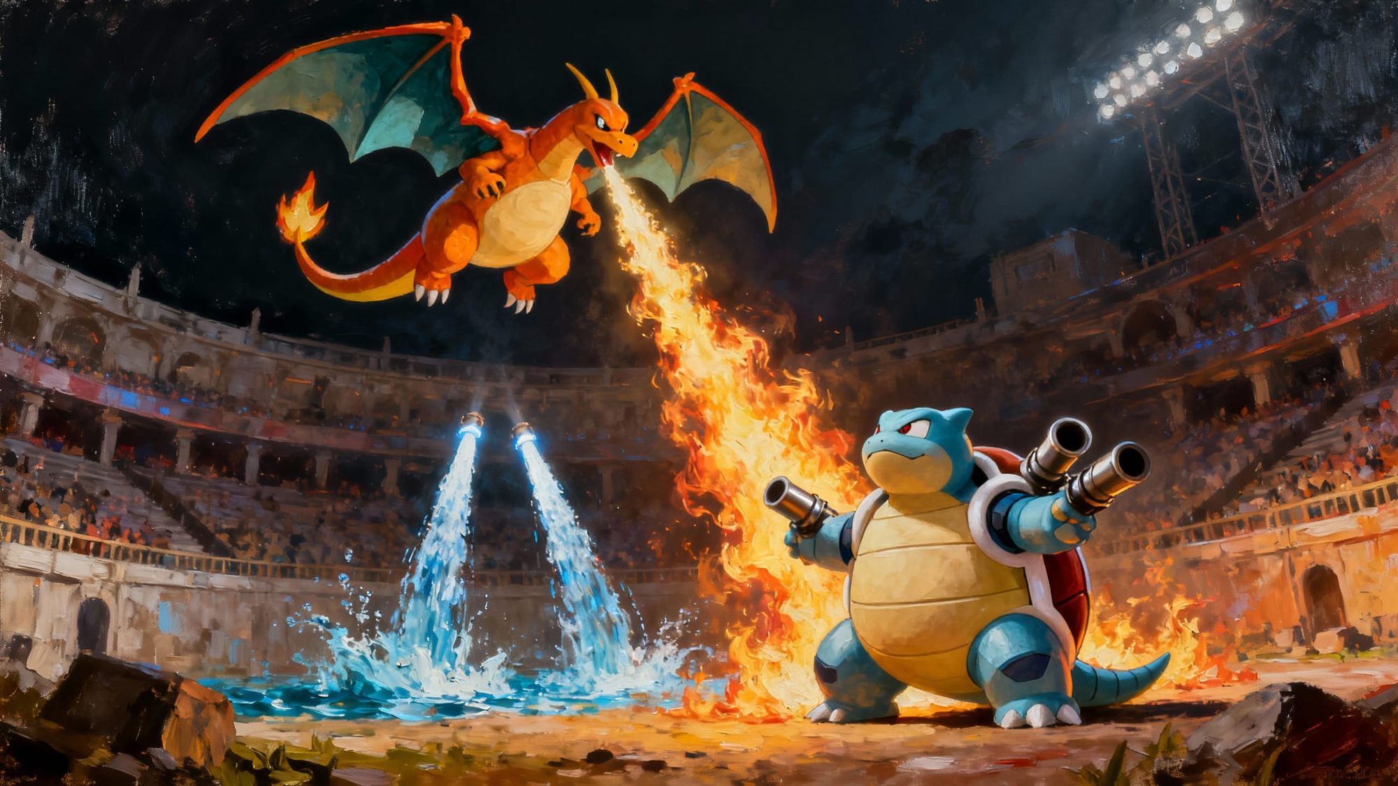 epic Pokémon battle in an arena between a Blastoise and a Charzard, the Blastoise sends two jets of water out of it's canons up towards the ...