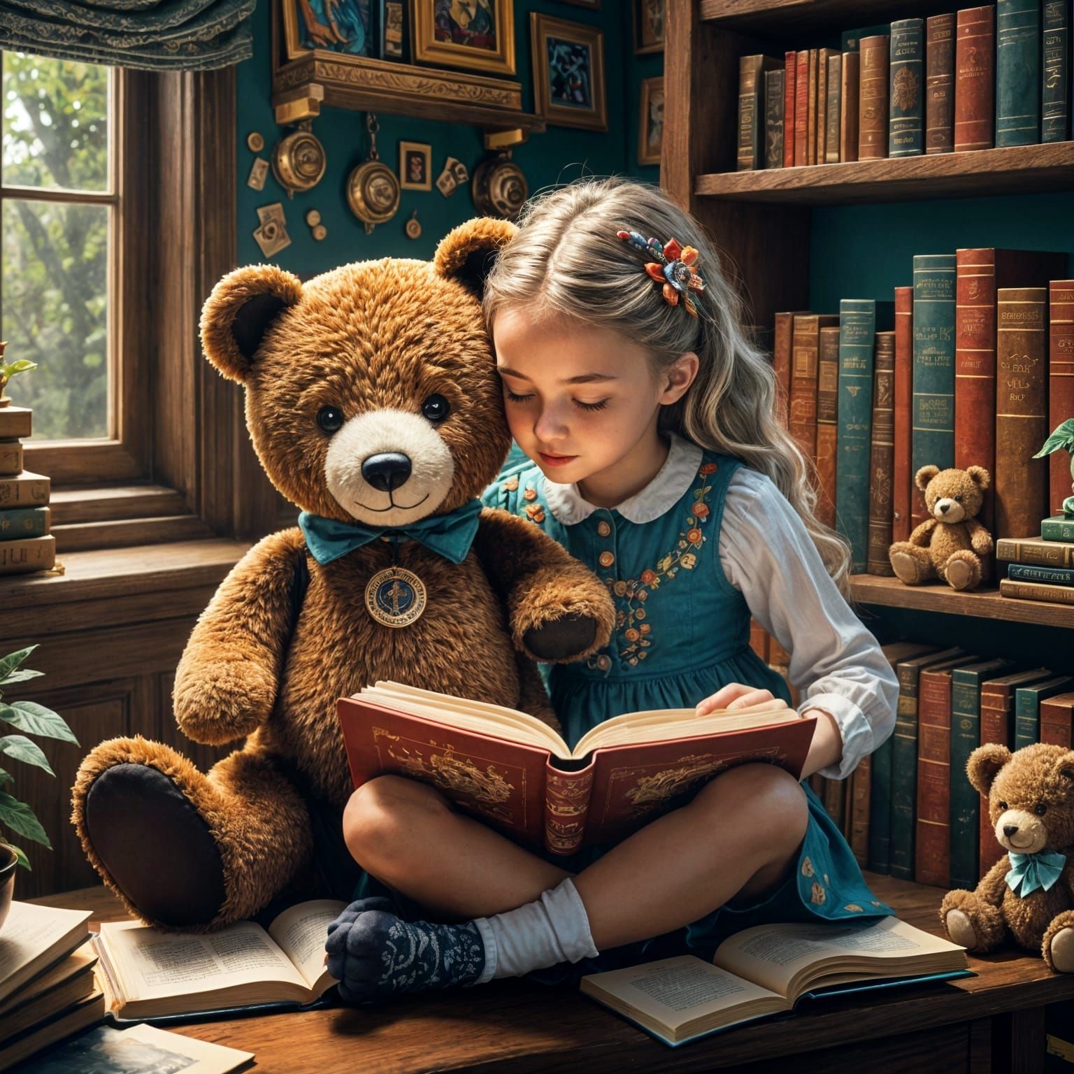 Reading a book to a teddy bear  by @avionesplateados 