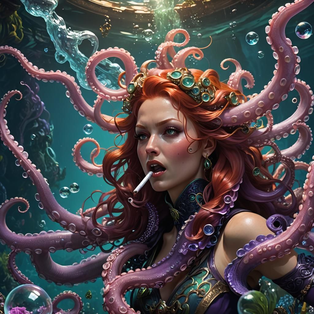underwater angry beautiful redhead (octopus tentacles coming...