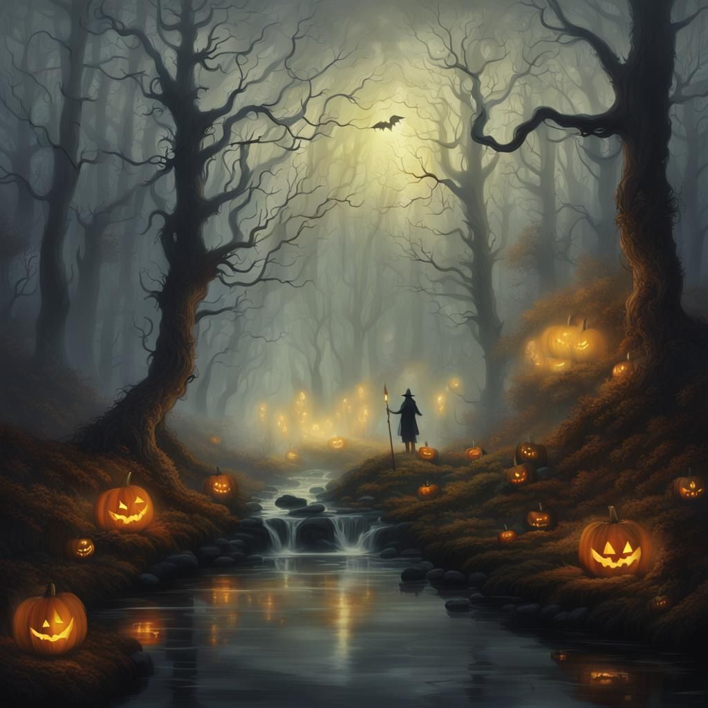 The forest, people, fantasy, a stream, magic, Halloween, fog...