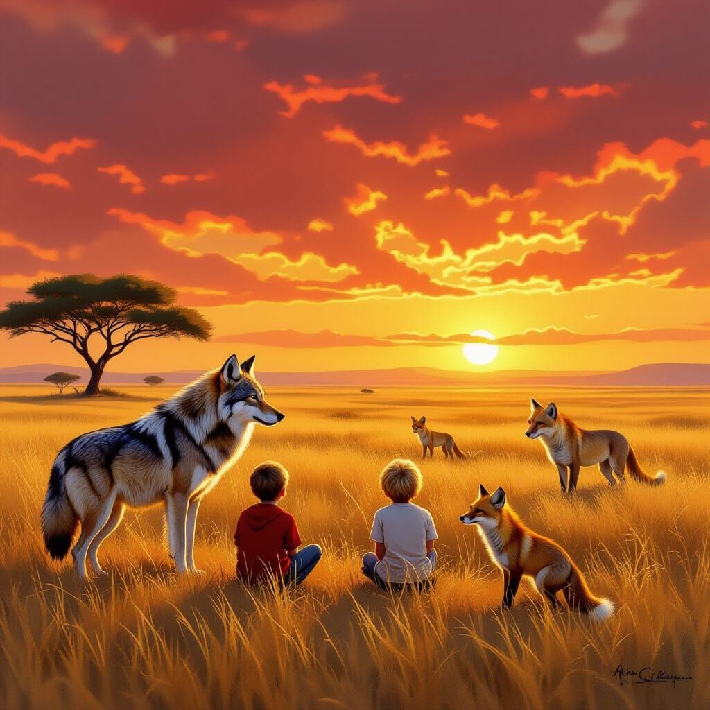On the golden savannah bathed in the warm, fiery glow of sunset, a wise and noble wolf stands beside a group of curious village children — h...