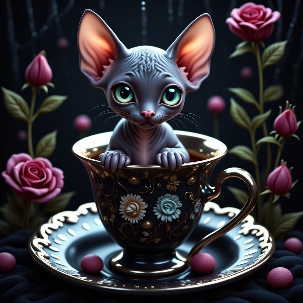 <lora:Flux Cute Big Eyes:1.0> Hairless kitten sitting in a teacup, macabre, odd strange, deep colors, dark colors, eerie black rose garden s...