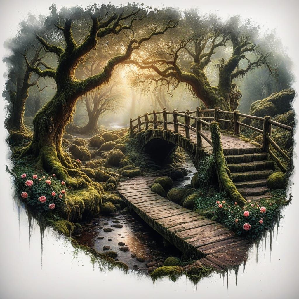 Wooden bridge covered with heavy moss