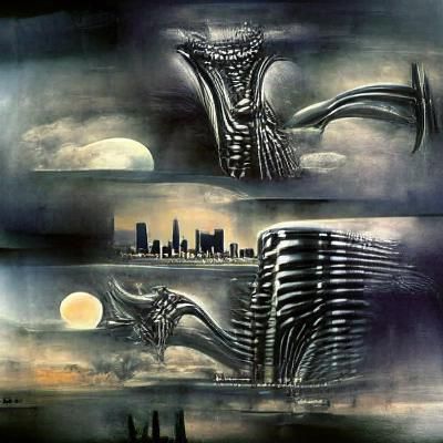 Film noir, h.r. giger concept art of an alien city skyline
