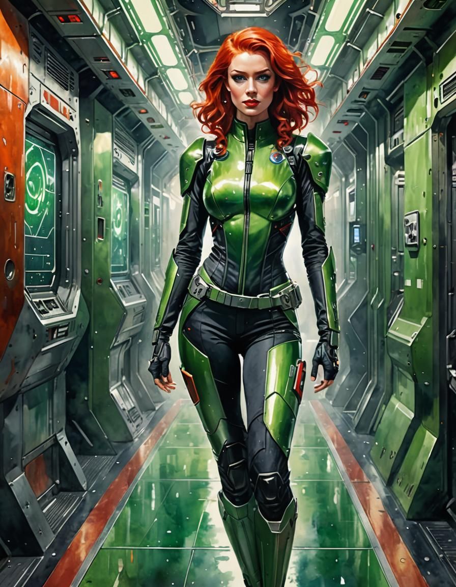 Beautiful sci-fi female with red hair and green eyes