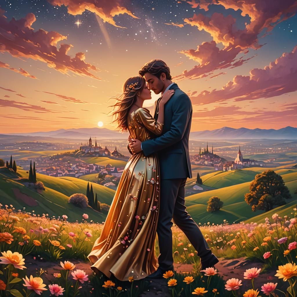 Surreal Couple Embrace in Dreamscape Sunset