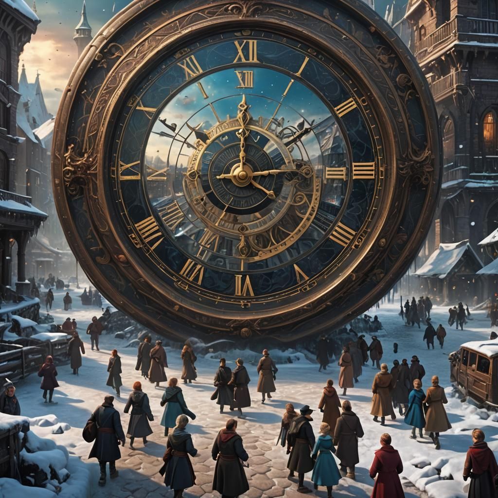 A scene frozen in time, a clock ticks silently as people move around in circles. Life is meaningless in these times and people have no purpo...