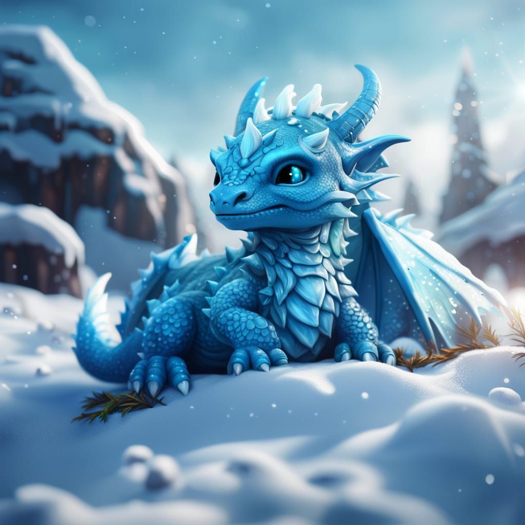 cute baby ice dragon sleeping in the snow
