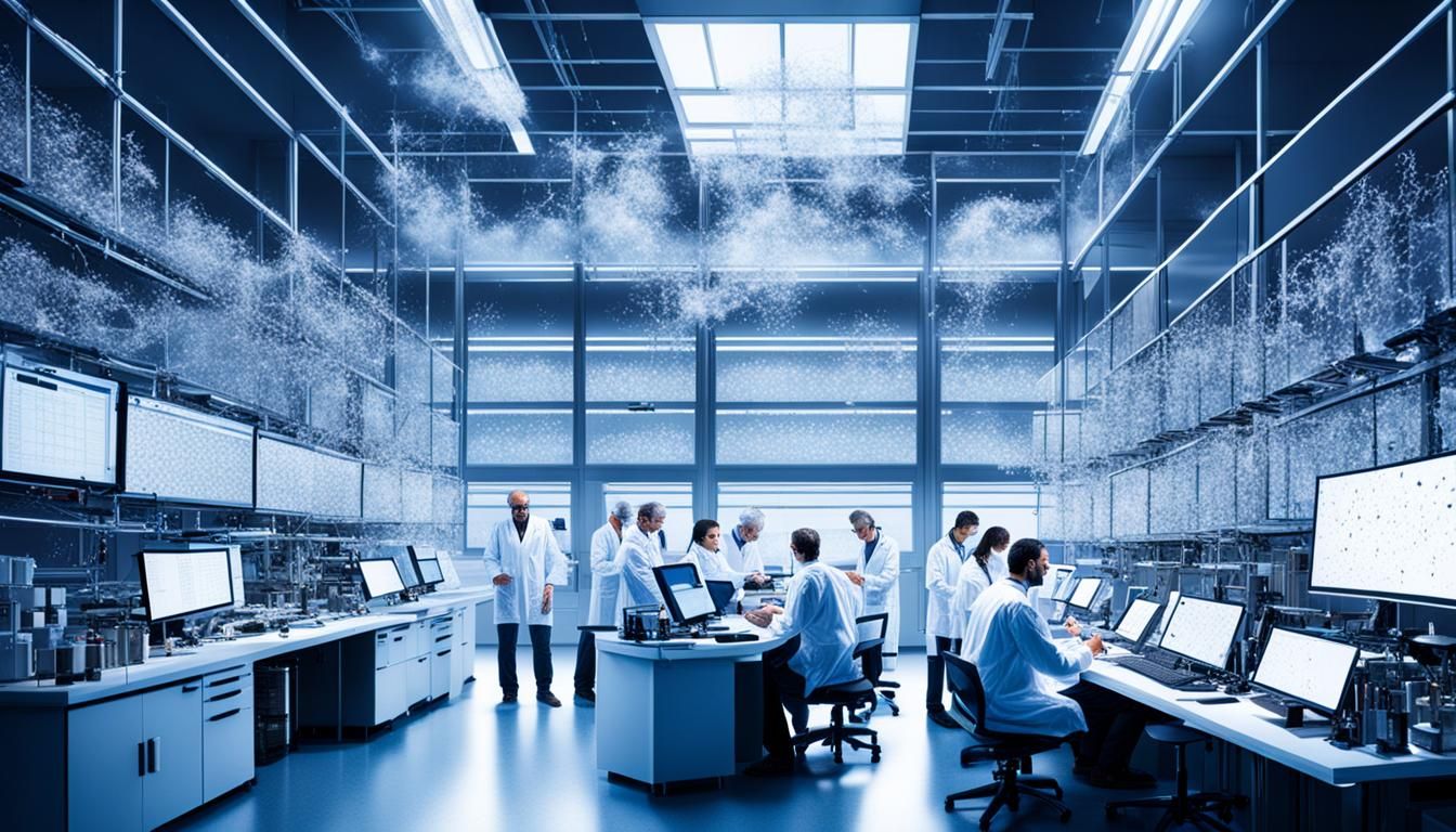 scientists in laboratory studying with computer molecular sc...