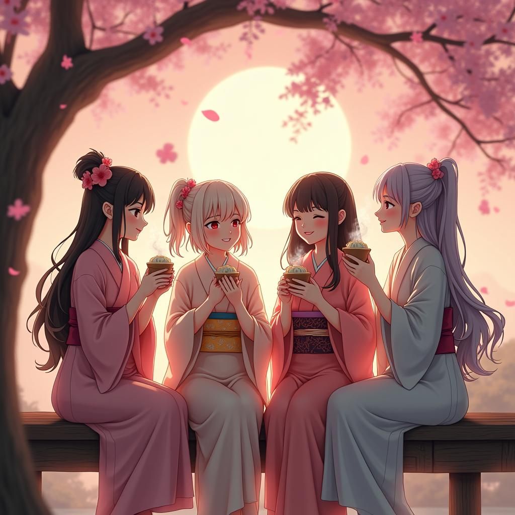Girls in Kimonos Under Cherry Blossom Tree