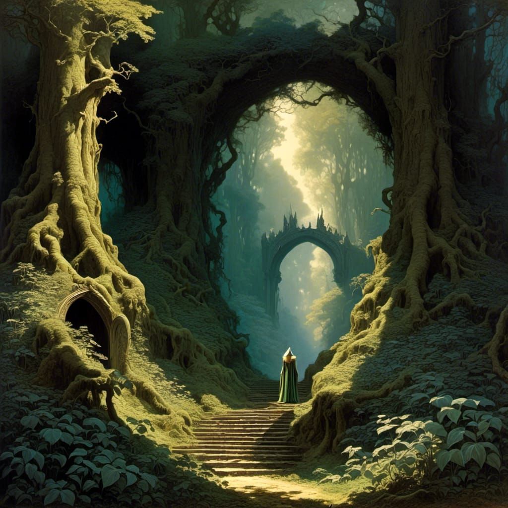 An Elf walking through a shadowy natural forest archway form...