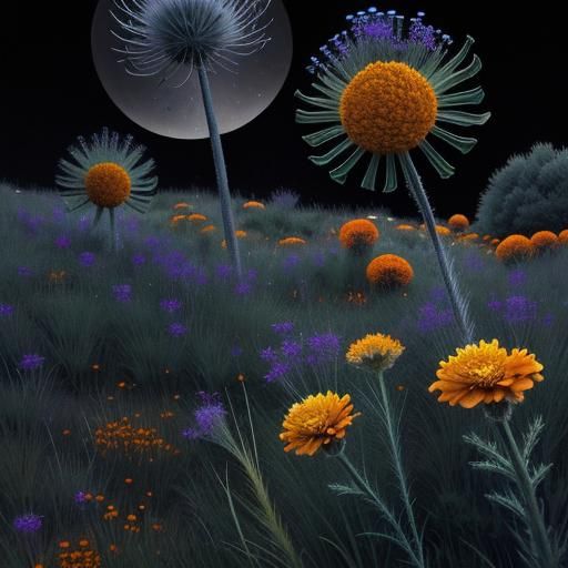 Ornamental grass and thistle meadow bathed in darkness. Autu...