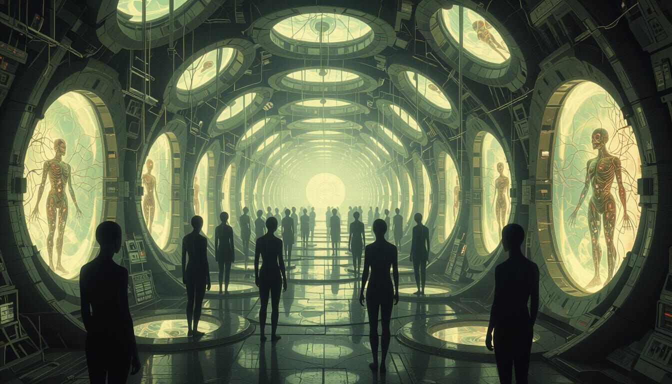 A labyrinthine complex where interconnected humans share a collective consciousness through visible neural connections. Neural links from ea...