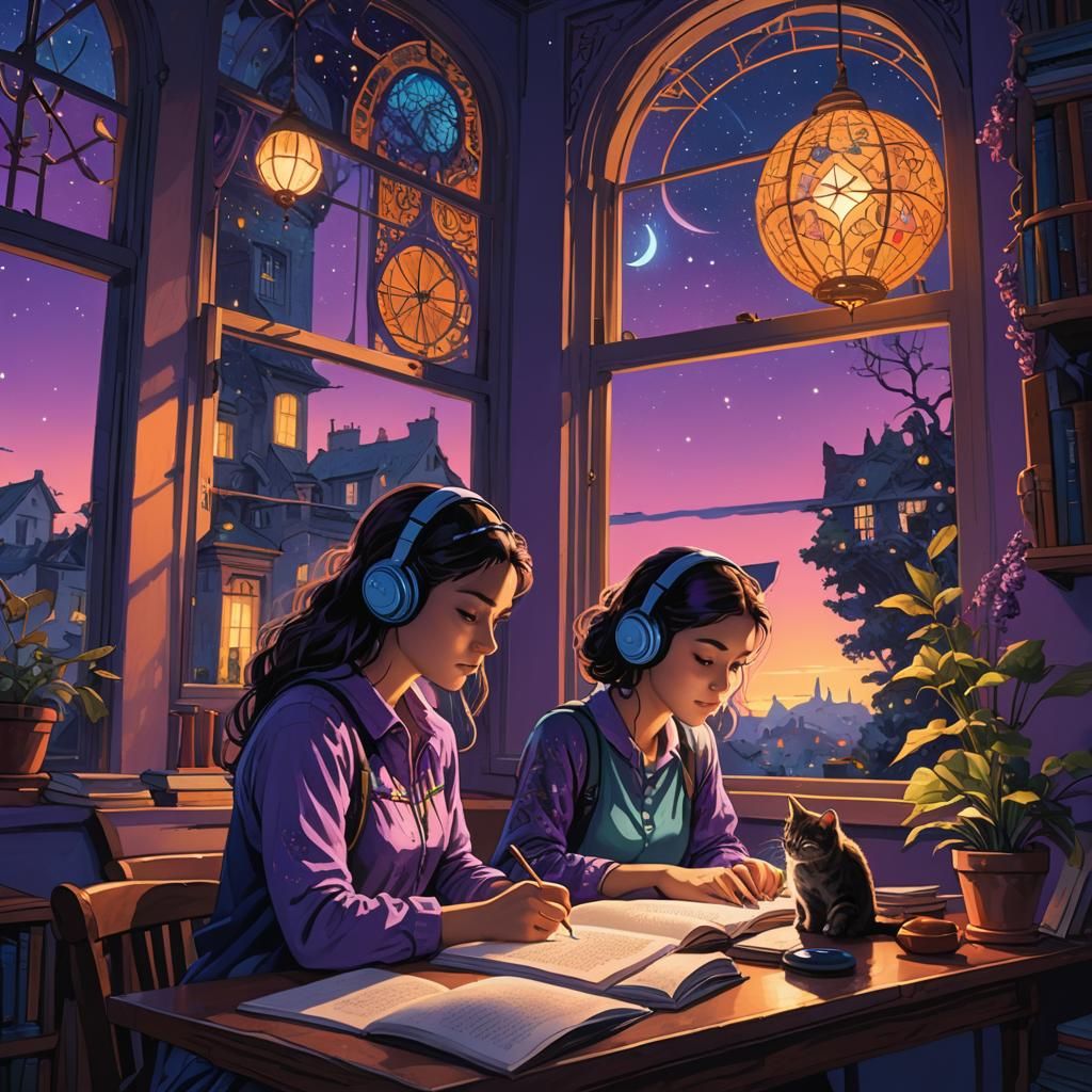 Lofi girl writing and studying on the table under a study la...