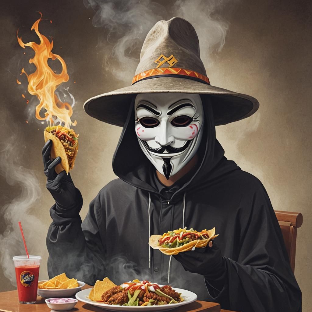 Anonymous Ray looking shady and eating a delicious fish taco while Satan rises from a flaming Taco Bell
