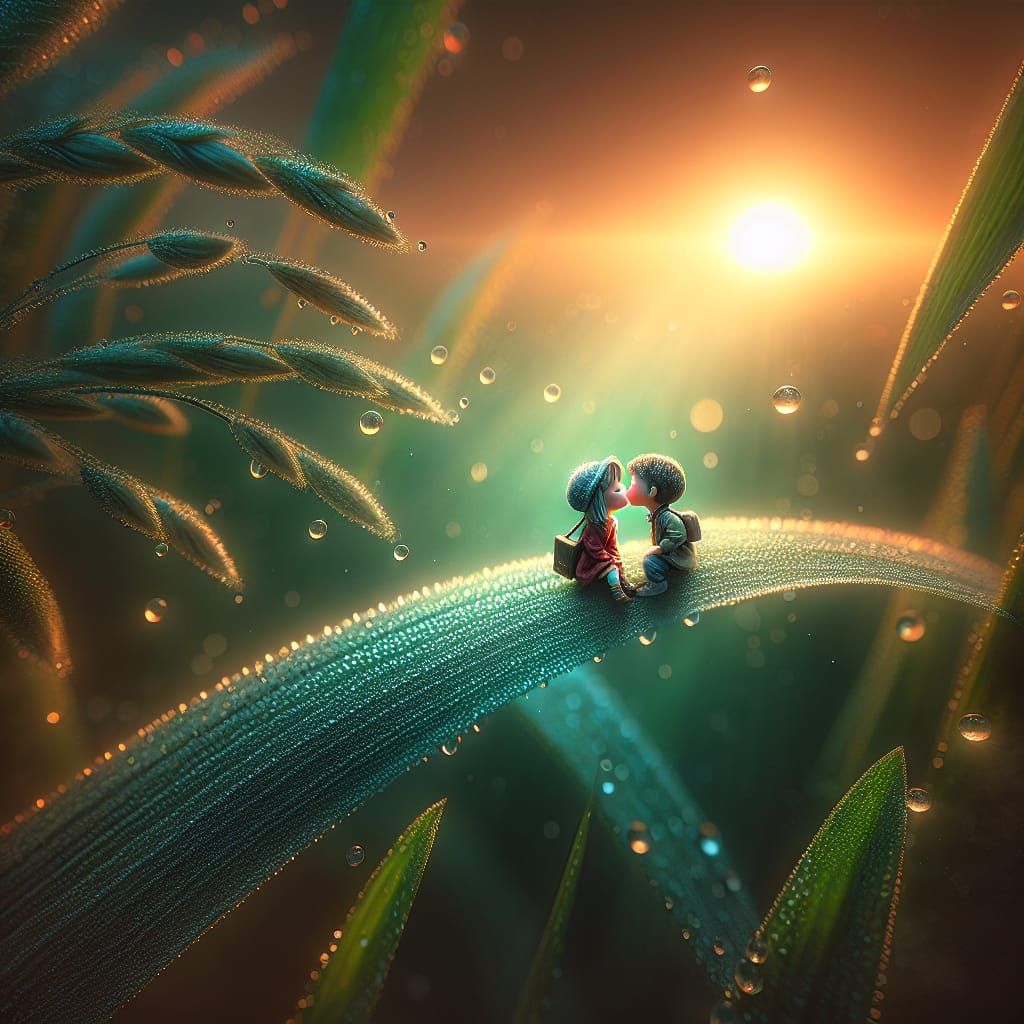 a surreal image of a miniature boy and girl kissing while si...