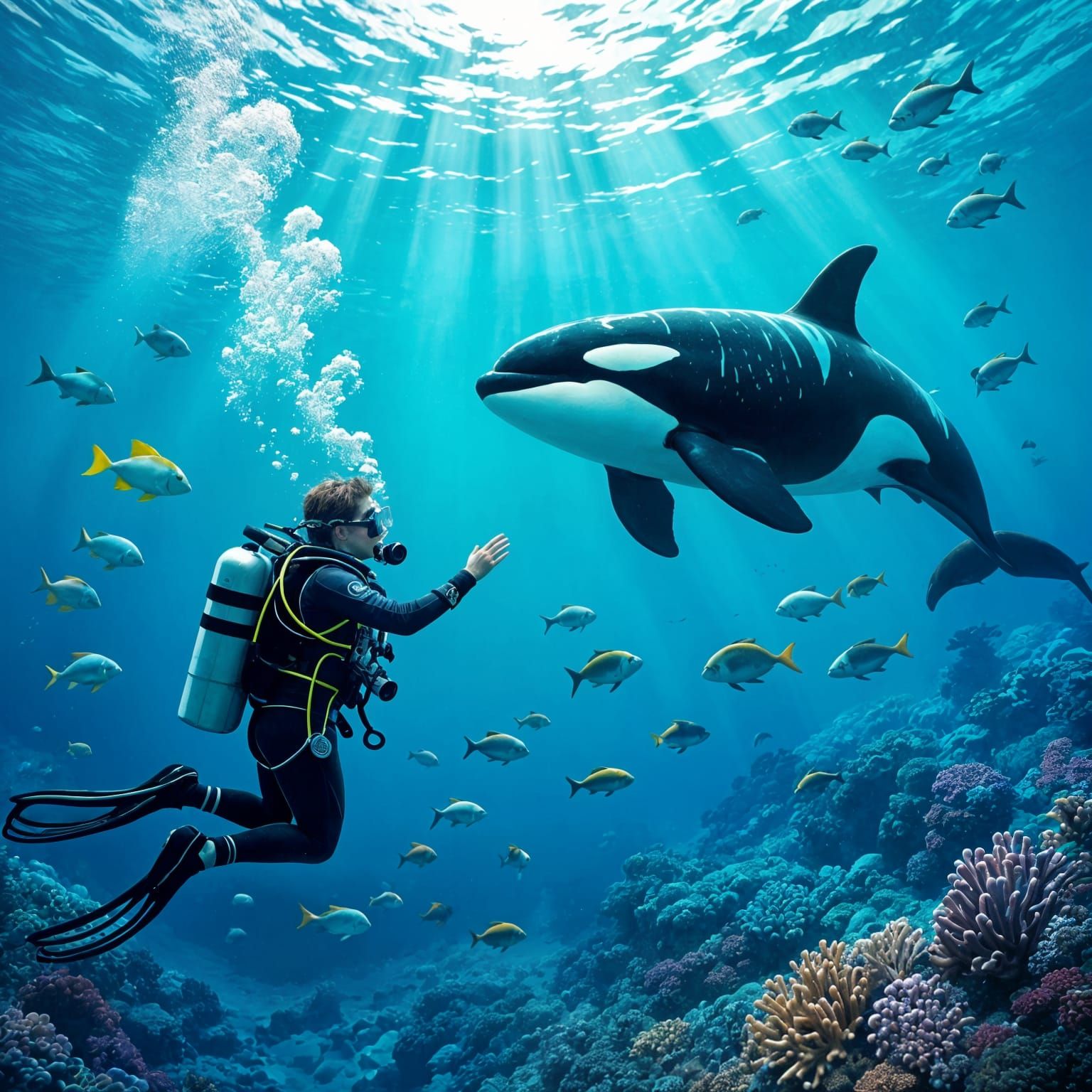 a beautiful underwater scene with teaming fish and a coral reef with a deep sea diver reaching out to ...  by @Tribble Lover