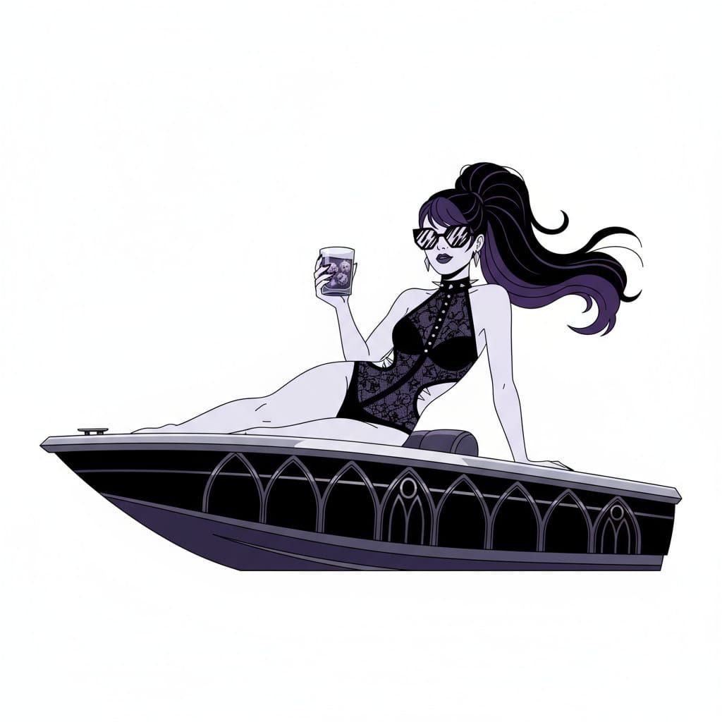 A clean, vector art, smooth illustration featuring a whimsical goth theme at the beach, , beautiful goth women laying on...