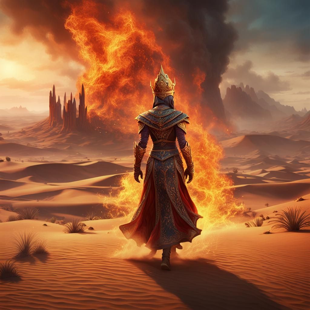 Fire queen walking through a desert