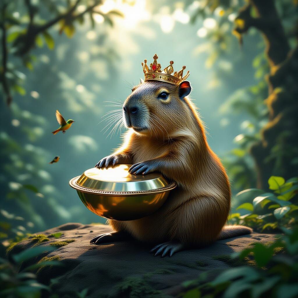 Фантазийная гипер-реалистичная сцена. На обрыве в густом лесу Амазонии сидит капибара с золотой короной на голове. Она играет на блестящем х...