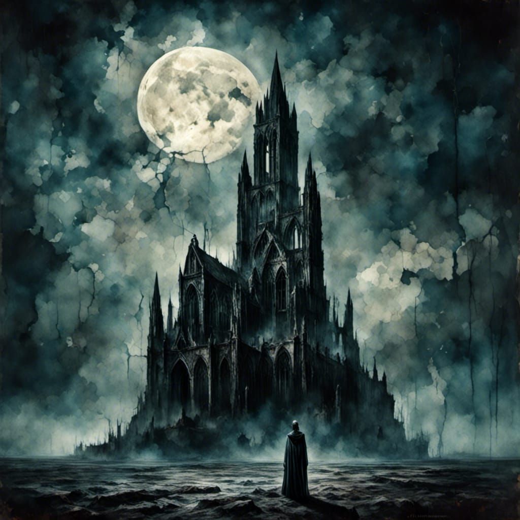 <lora:Macabre:1.0> <lora:Dark:1.0> Dracula stands in Whitby Abbey under a stormy moon.