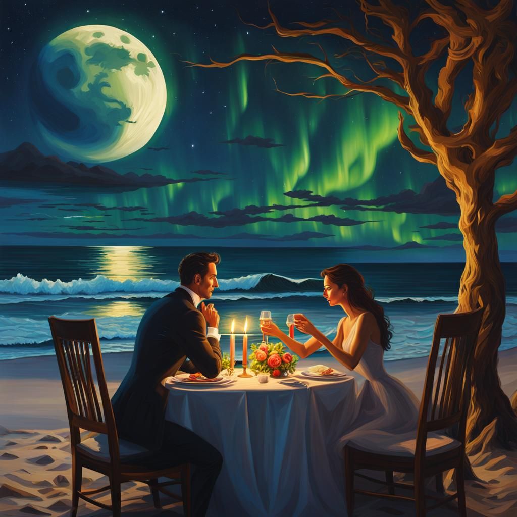 A romantic ( man & woman : 1.3 ) candle light dinner at the beach  with moon view and aurora borealis ...  by @alfa rizky
