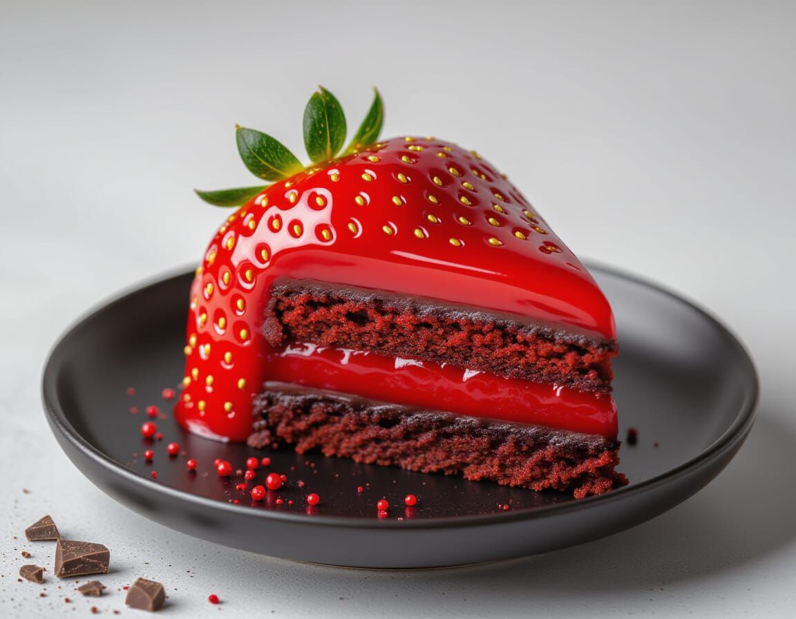 A luxurious strawberry-shaped chocolate cake lying elegantly on its side atop a matte black ceramic plate. ...  by @Maria Simoes Coelho