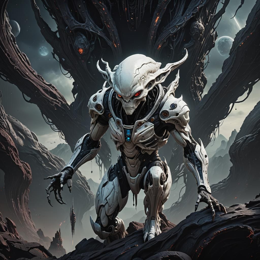 white alien character looking down on a void of creation, da...