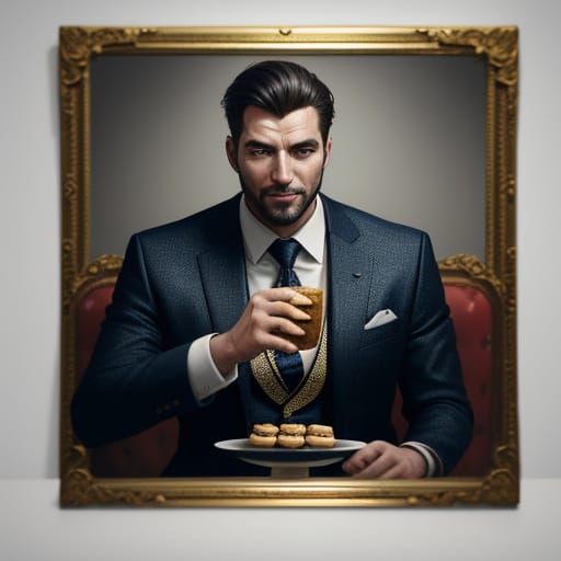 Man in Money Suit Gleefully Eats Sweets in Golden Light