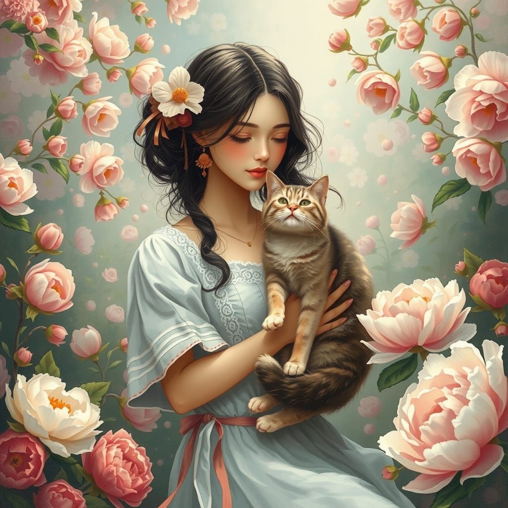 Woman with Cat in Lush Anime Garden