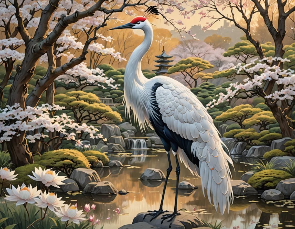 Beautifull japanese crane with lots of details in a japanese landscape, Japanese style