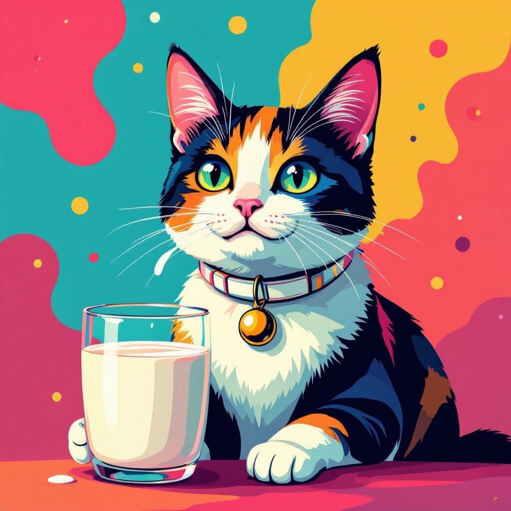 Colorful Cat with Bell Collar Drinking Milk