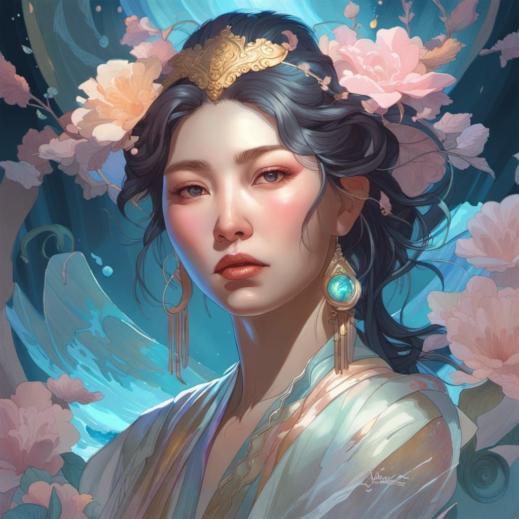 Korean goddess, royal, divine, pastel, iridescent, florals, water ...