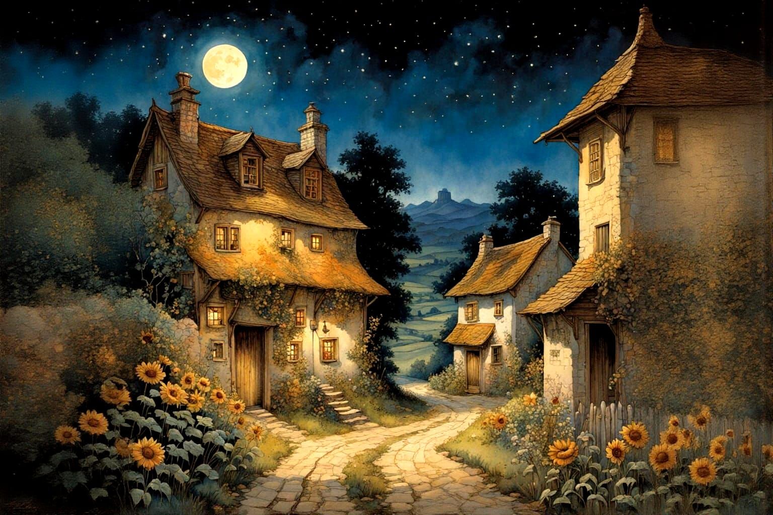 Wallachian Village Night: Storybook Illustration in Watercol...