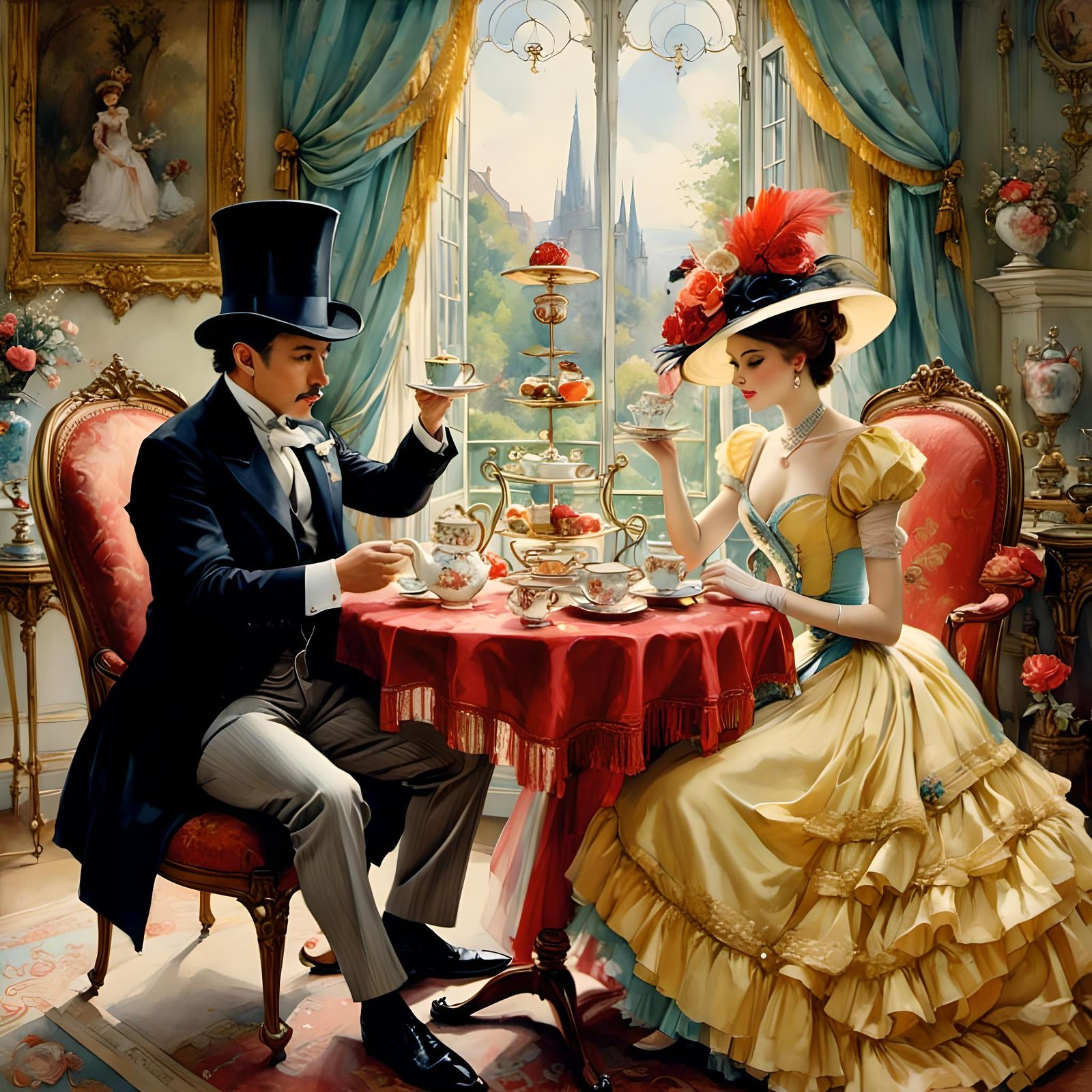 <lora:FairyTails:1.0> Couple Having tea indoors, fancy top h...