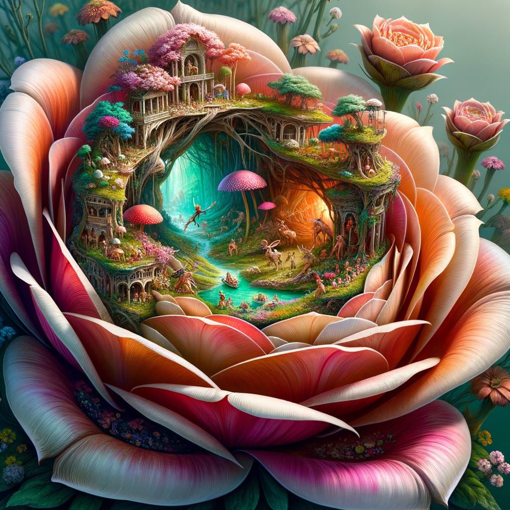 An enchanting forest scene, nestled within the delicate peta...