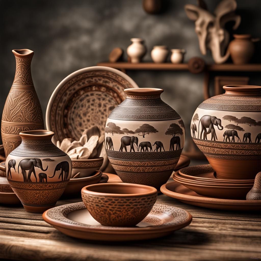 African serengeti elephants, giraffes and scenery decorated clay pottery dishes; animals high resolution ...  by @RPGCatLover