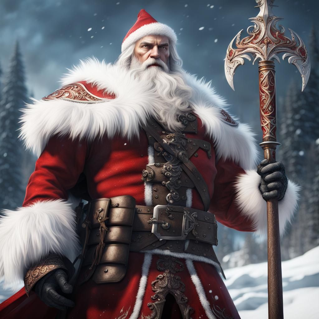 Nordic Santa Claus wearing ornate leather armour, red robes, white fur ...