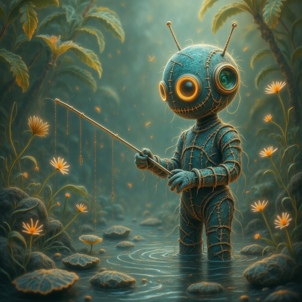 <lora:Dark Voodoo:1.0> A cute robot fishing in a Japanese botanical water garden